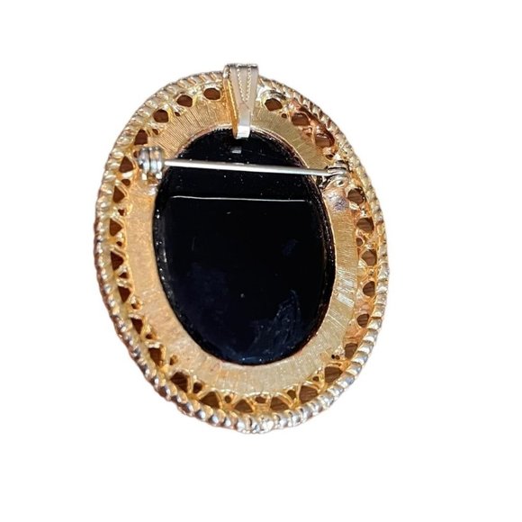 Oval Goldtone Black Cameo Brooch or Necklace Pendant 2" - Picture 5 of 8